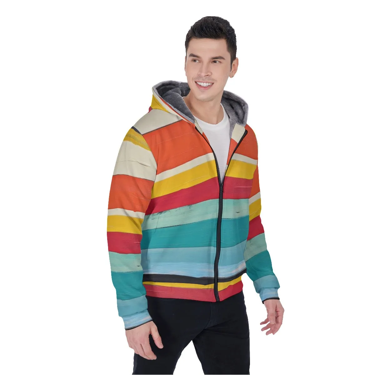 All-Over Print Men's Sherpa Fleece Zip Up Hoodie, bright colors, stripes print, #25AA