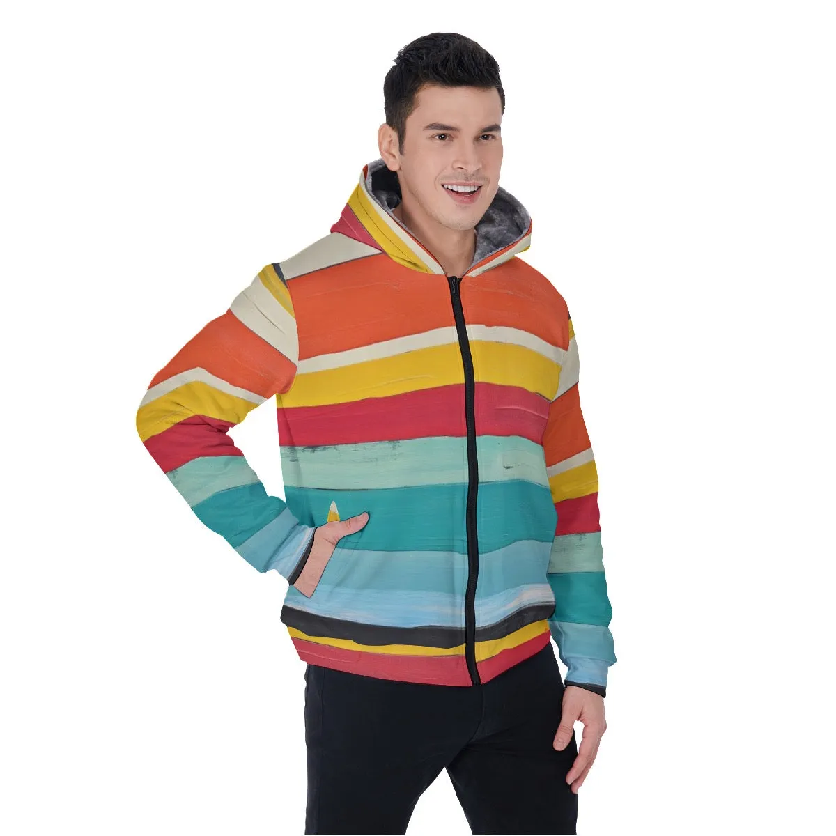 All-Over Print Men's Sherpa Fleece Zip Up Hoodie, bright colors, stripes print, #25AA