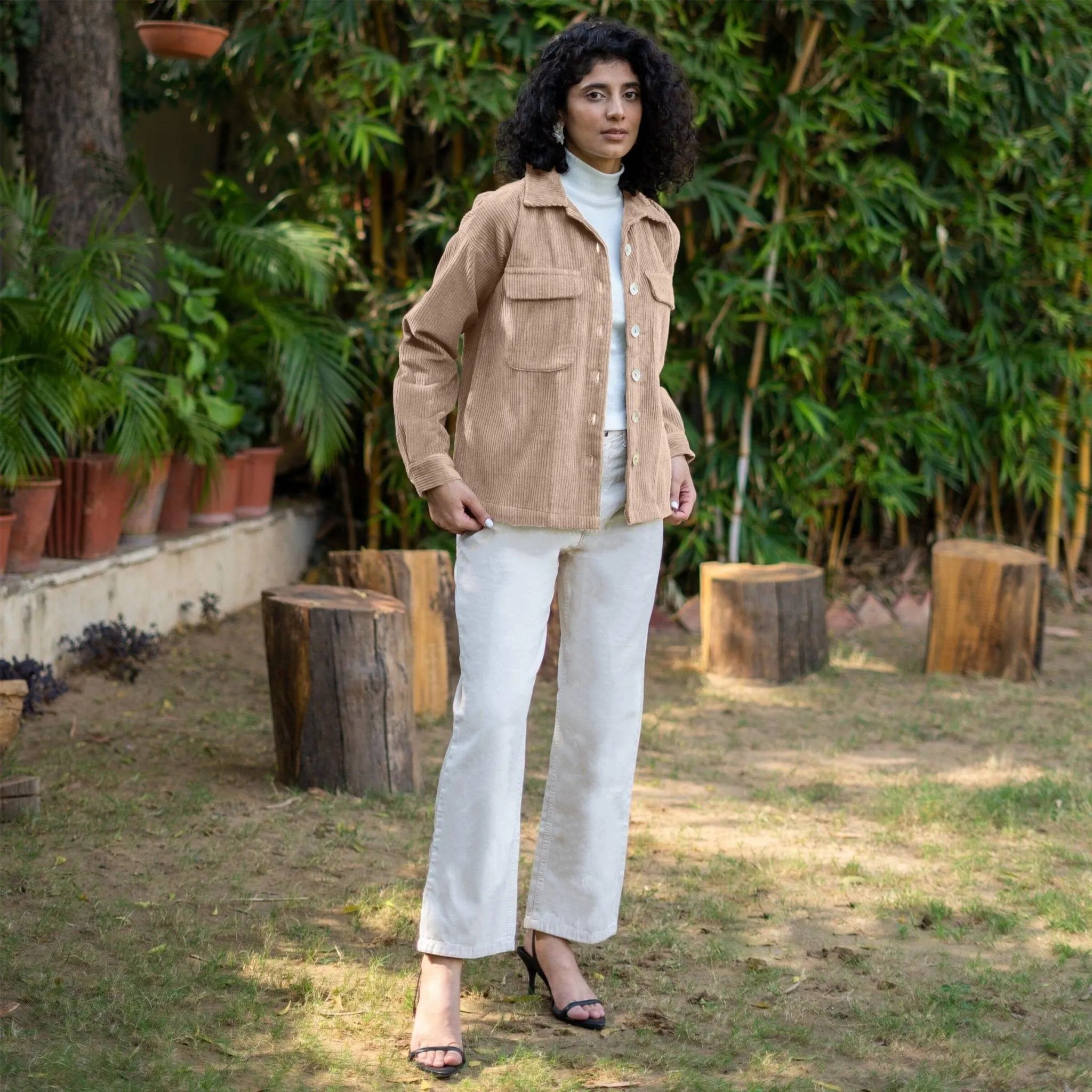 Beige Warm Cotton Corduroy Patch Pocket Button-Down Shacket