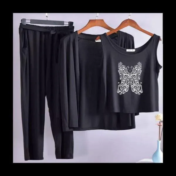 Black Butterfly Women Night Suit PJ 3 Pieces Set