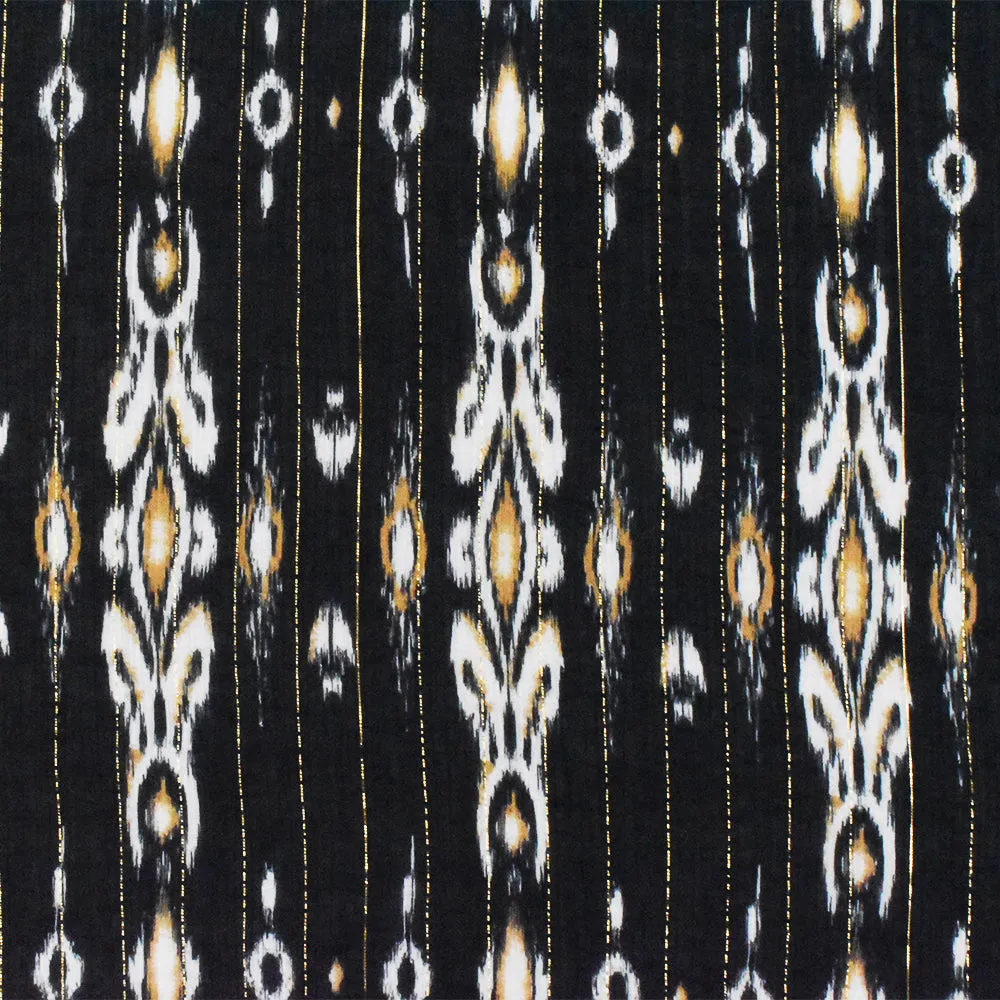 Black-Gold-Multi Famous Designer Viscose Silk Metallic Ikat Chiffon Fabric