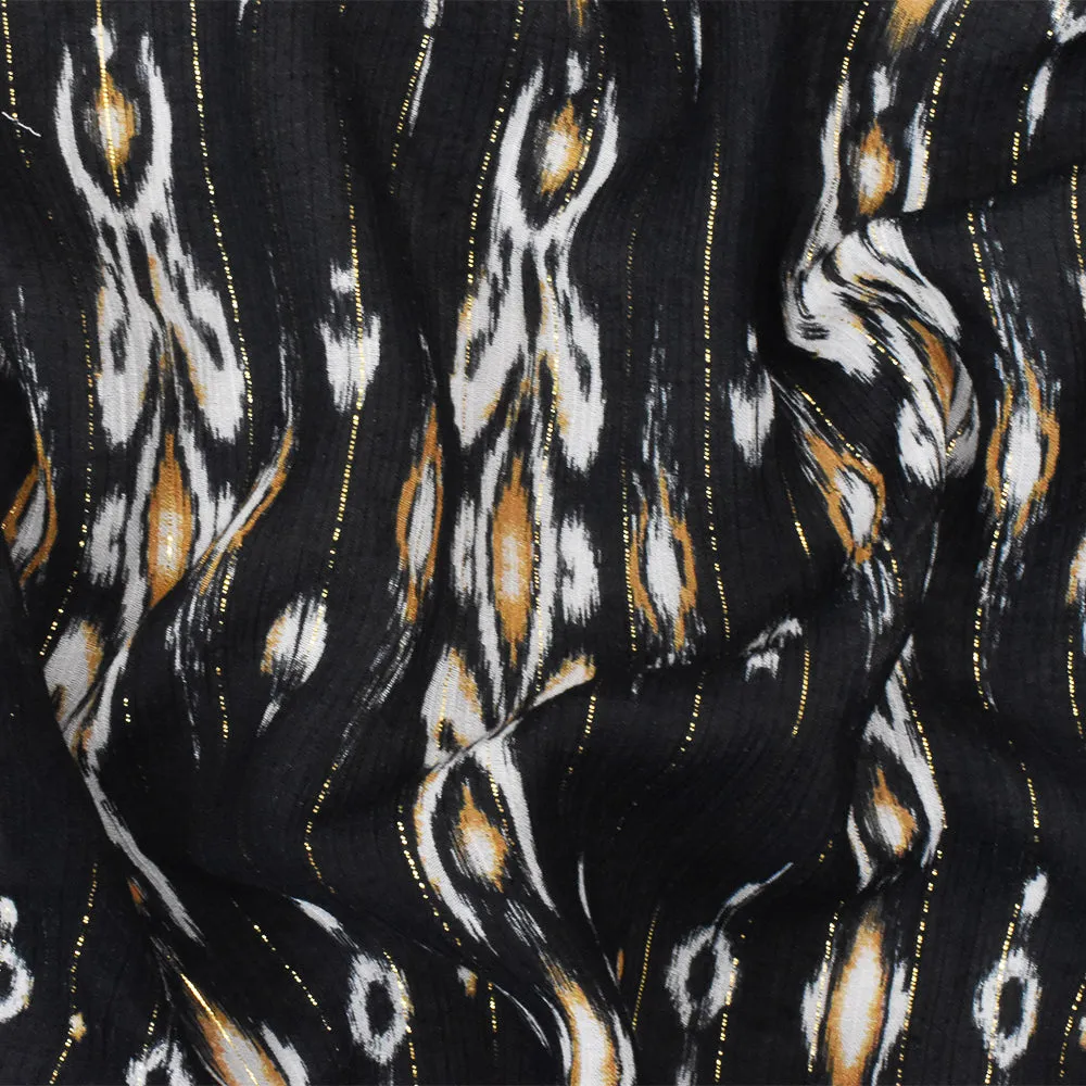 Black-Gold-Multi Famous Designer Viscose Silk Metallic Ikat Chiffon Fabric