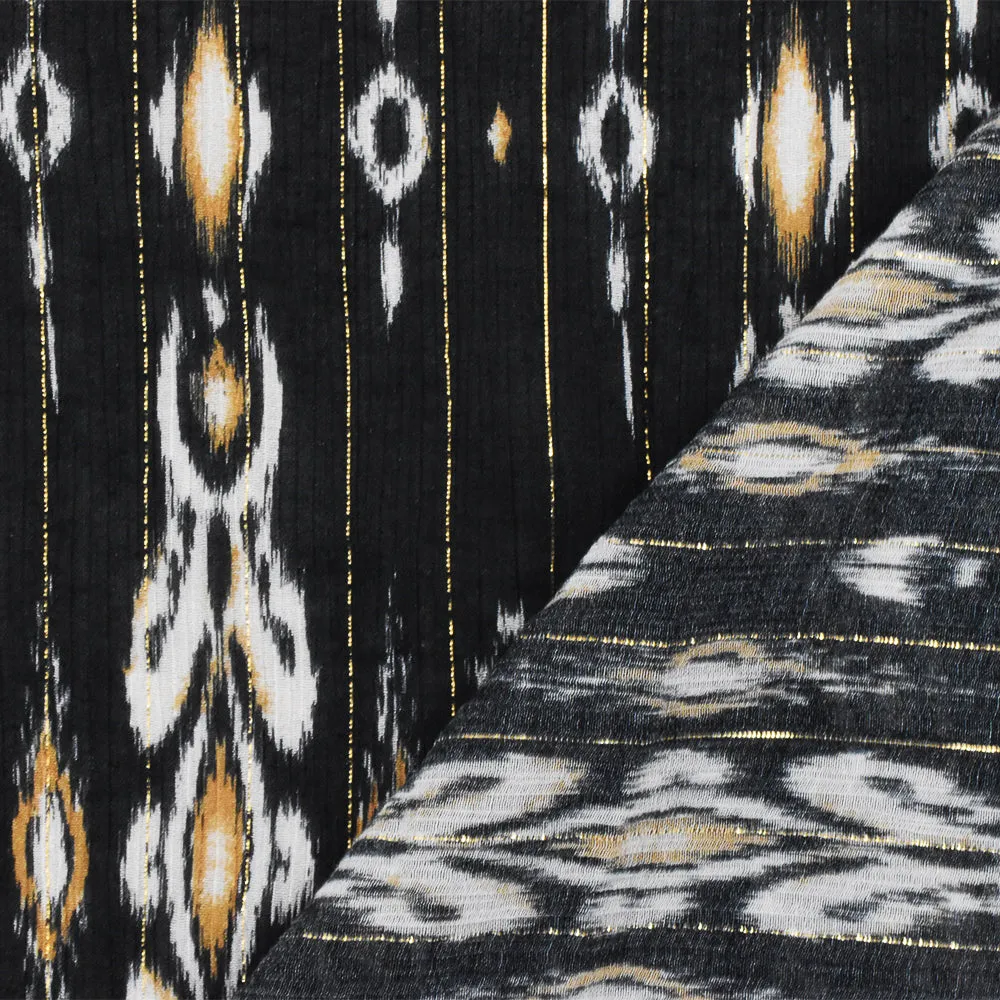 Black-Gold-Multi Famous Designer Viscose Silk Metallic Ikat Chiffon Fabric