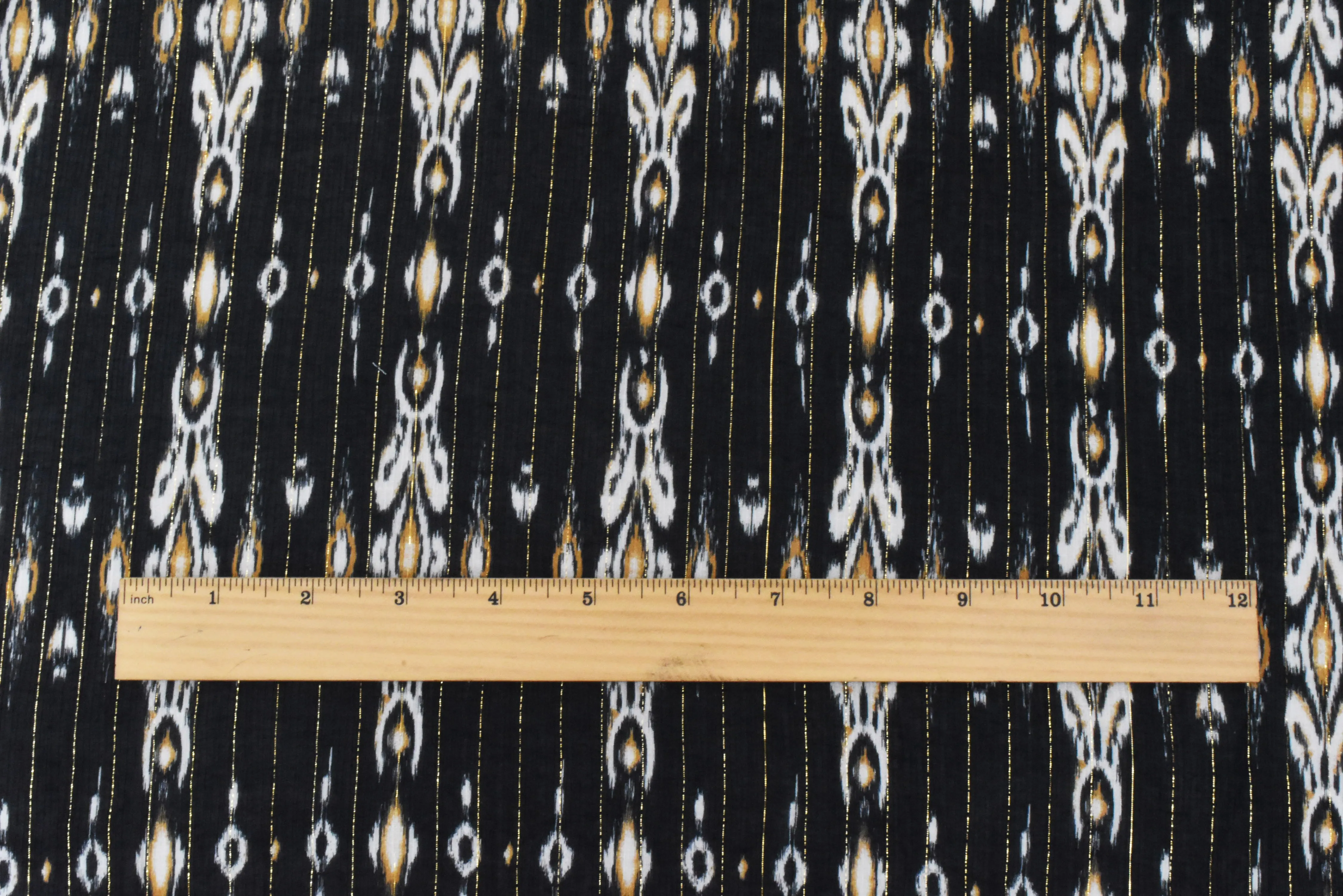 Black-Gold-Multi Famous Designer Viscose Silk Metallic Ikat Chiffon Fabric