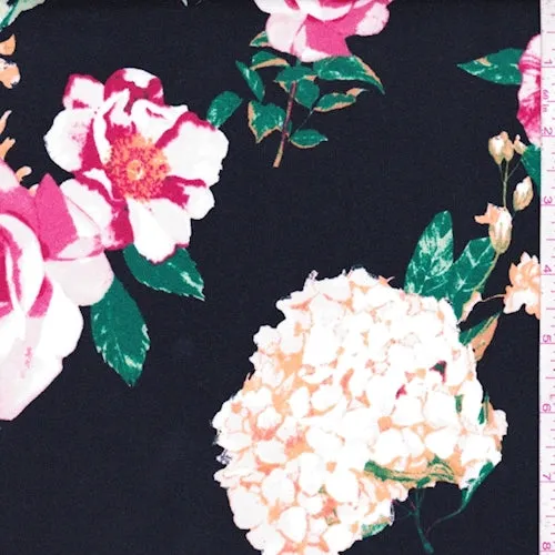 Black Hydrangea/Floral Double Brushed Jersey Knit Fabric