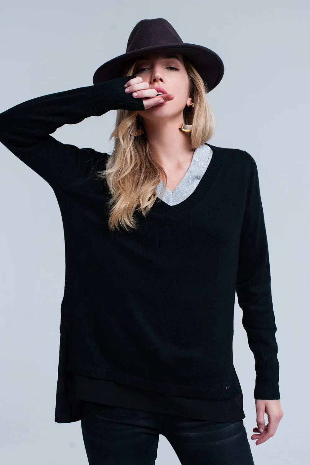 Black ribbed V-neck sweater