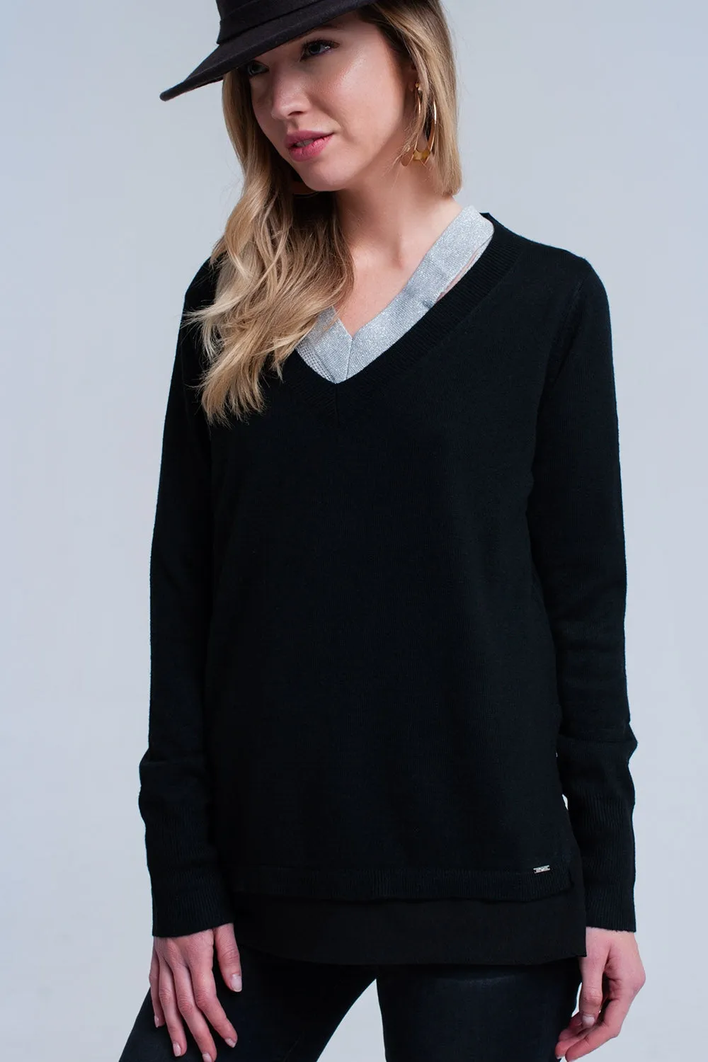 Black ribbed V-neck sweater