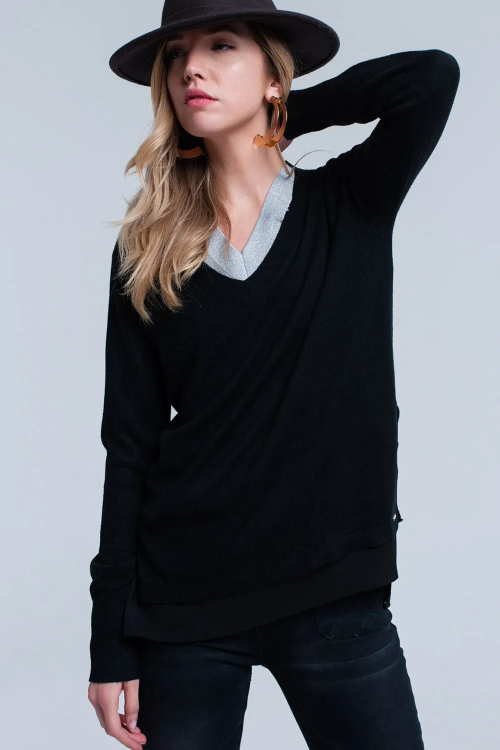 Black ribbed V-neck sweater