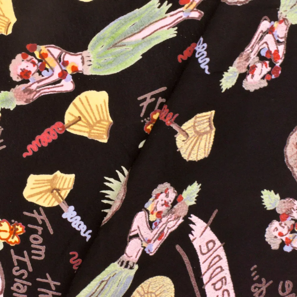 Black-Yellow-Multi Hawaii Vibes Printed Rayon Crepe Faille Woven Fabric