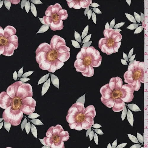 Black/Blush Floral Double Brushed Jersey Knit Fabric