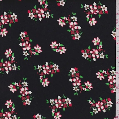 Black/White/Brick Floral Double Brushed Jersey Knit Fabric