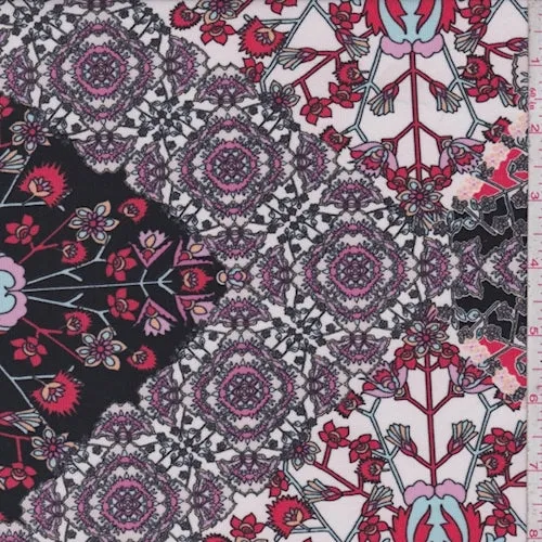 Black/White/Pink Floral Medallion Matte Jersey Knit Fabric