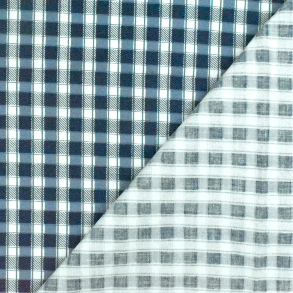 Blue-Navy-White Plaid Print Stretch Cotton Broadcloth Woven Fabric