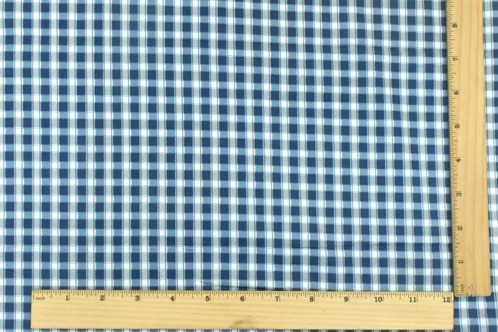 Blue-Navy-White Plaid Print Stretch Cotton Broadcloth Woven Fabric