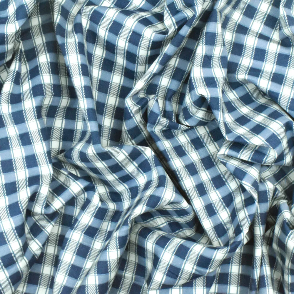 Blue-Navy-White Plaid Print Stretch Cotton Broadcloth Woven Fabric