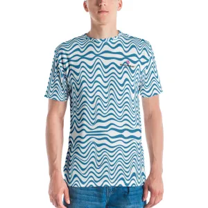 Blue Wavy Men's T-shirt, Abstract Waves Premium Designer Tees For Men-Made in USA/EU