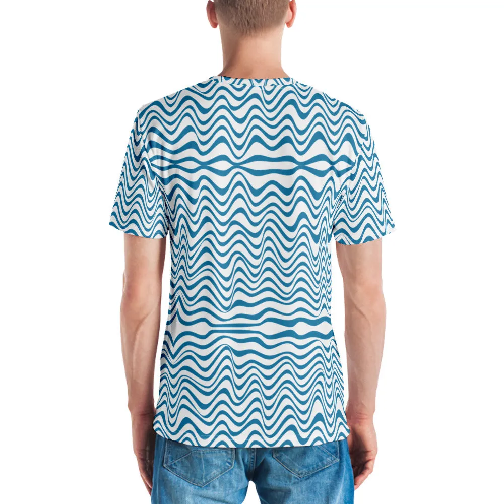 Blue Wavy Men's T-shirt, Abstract Waves Premium Designer Tees For Men-Made in USA/EU