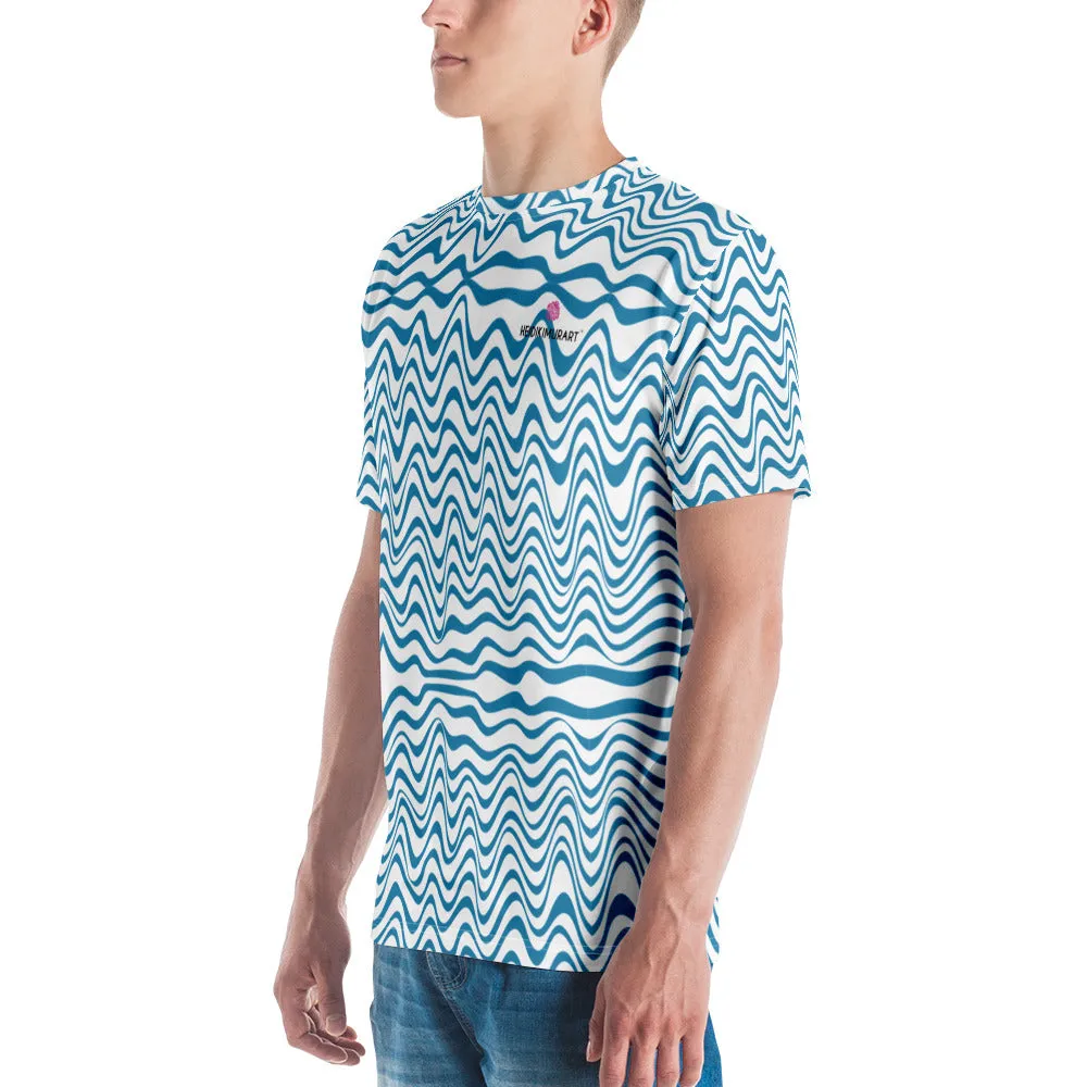 Blue Wavy Men's T-shirt, Abstract Waves Premium Designer Tees For Men-Made in USA/EU