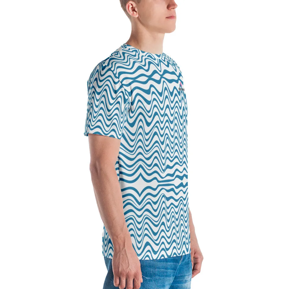 Blue Wavy Men's T-shirt, Abstract Waves Premium Designer Tees For Men-Made in USA/EU