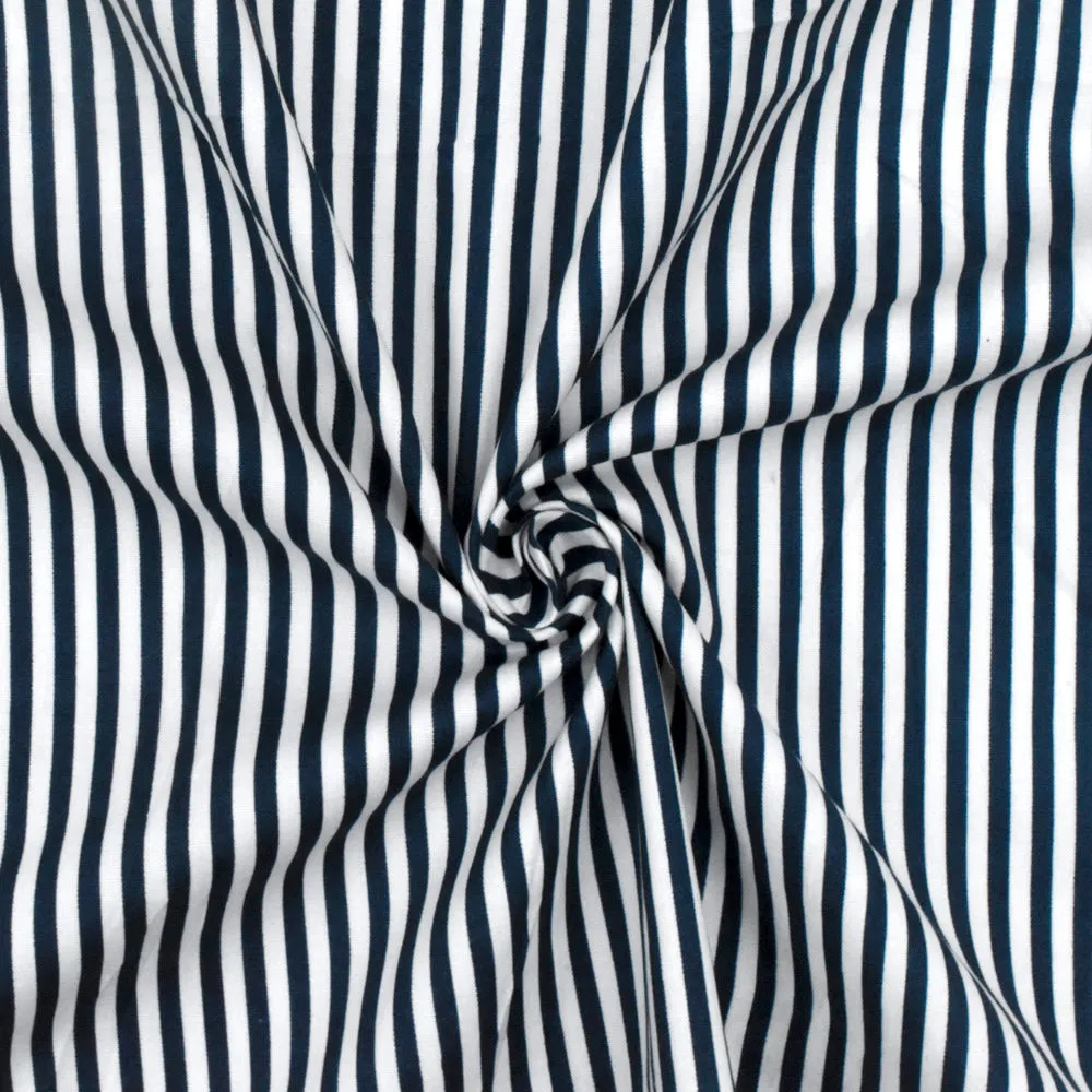 Blue-White Stripe Printed Stretch Cotton Broadcloth Woven Fabric