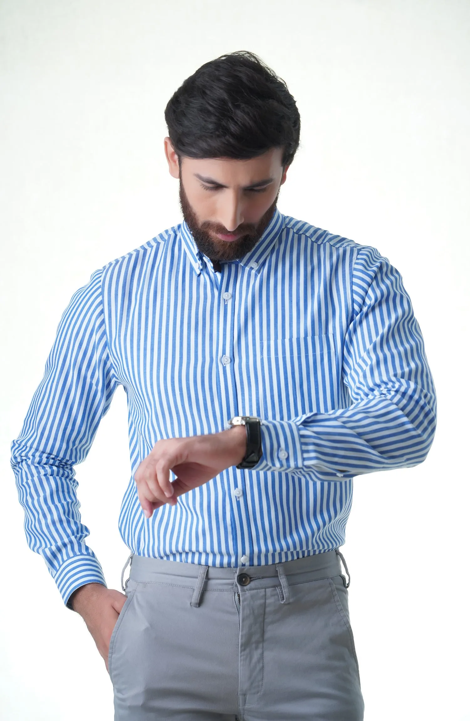 Blue/White Full Sleeves Cotton Shirt