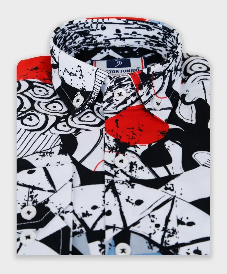 Boys Zen Doodle Printed Fashion Shirt - White- Red