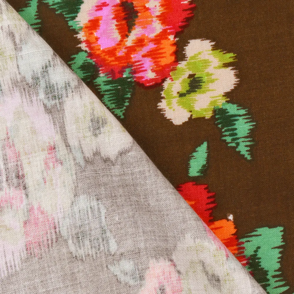 Brown-Green-Multi Ikat Floral Printed Challis Woven Fabric