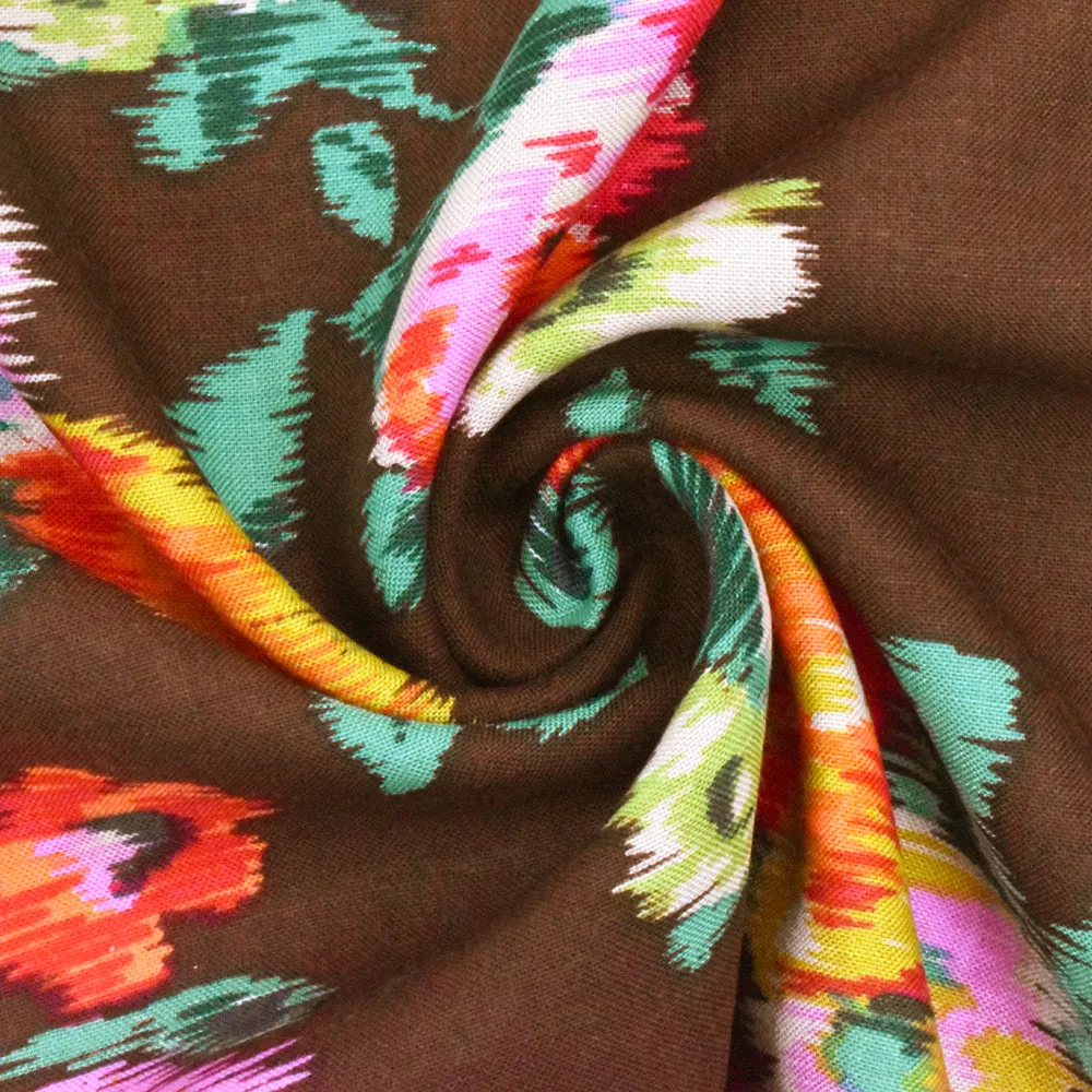 Brown-Green-Multi Ikat Floral Printed Challis Woven Fabric