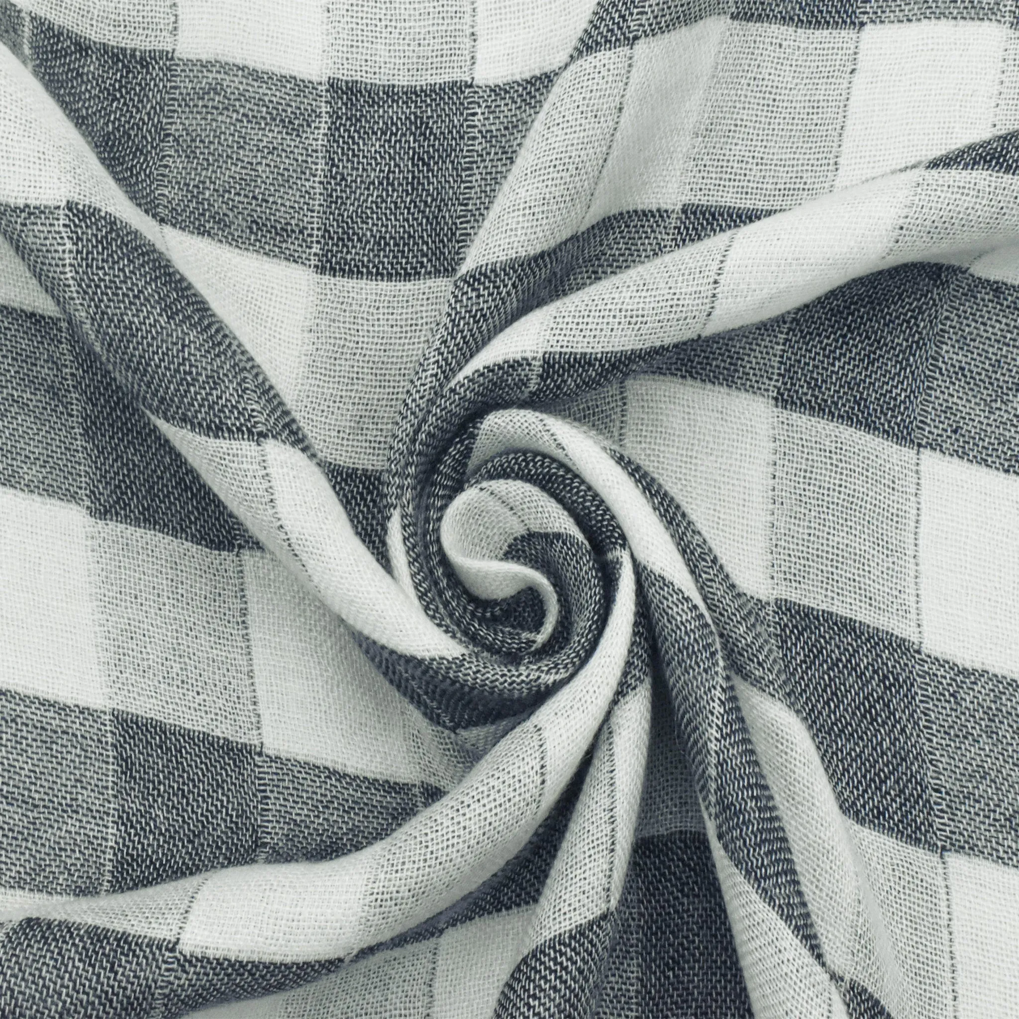 Classic White-Navy Blue Check Rayon-Tencel Double Weave Fabric