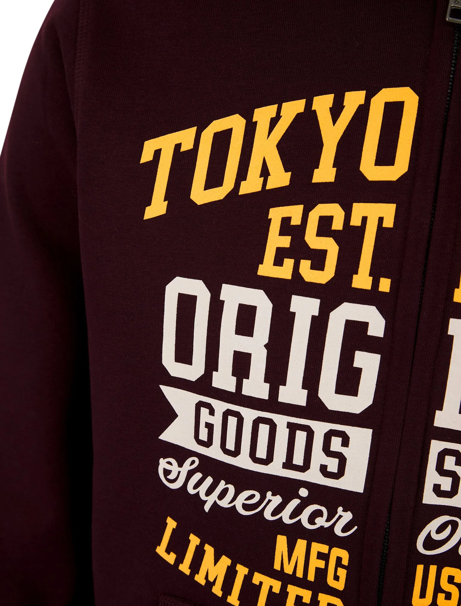 Claude Graphic Motif Brushback Fleece Zip Through Hoodie in Winetasting - Tokyo Laundry