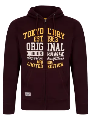 Claude Graphic Motif Brushback Fleece Zip Through Hoodie in Winetasting - Tokyo Laundry