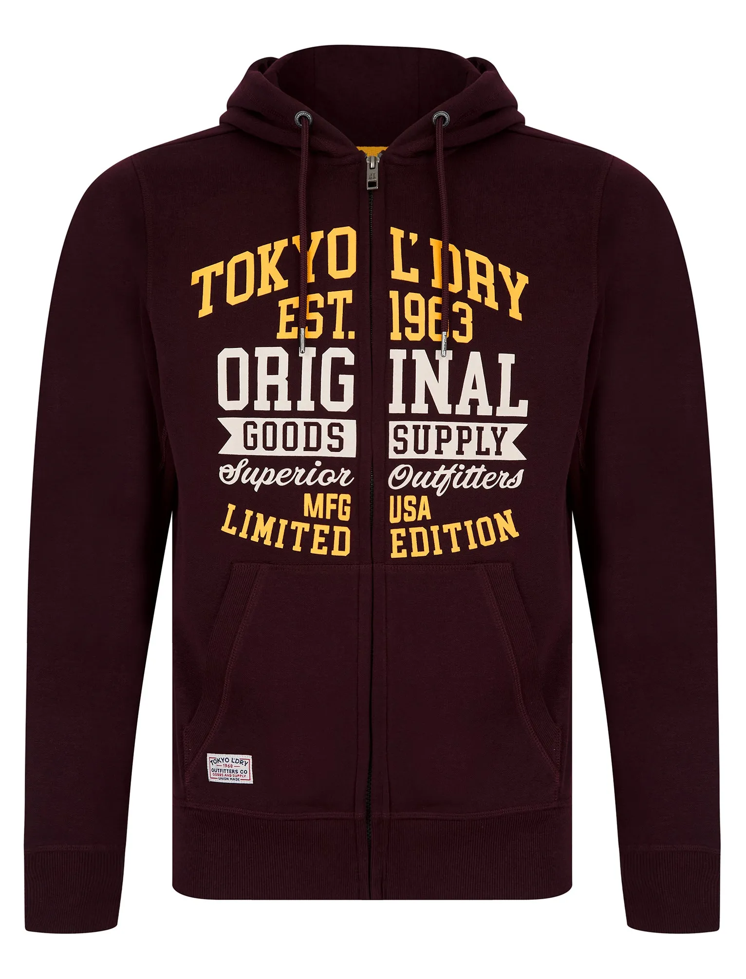 Claude Graphic Motif Brushback Fleece Zip Through Hoodie in Winetasting - Tokyo Laundry