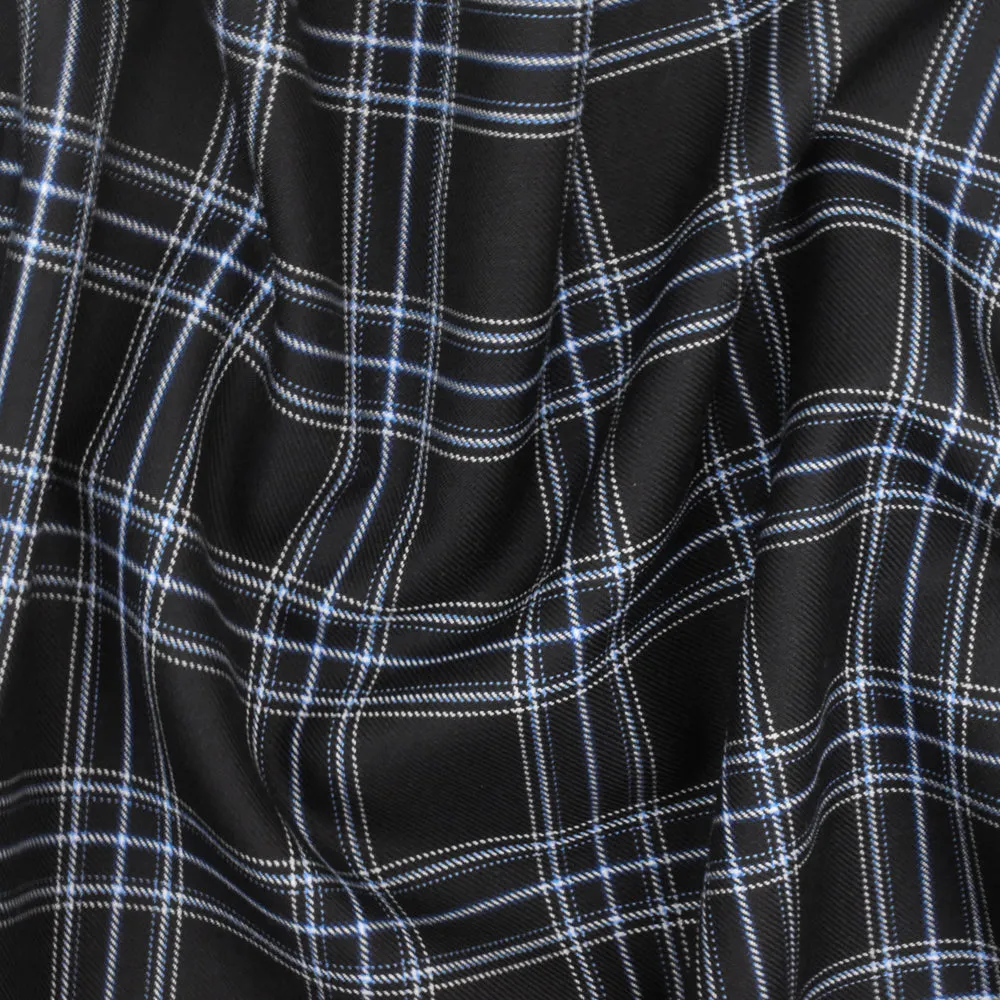 Cold Black-Blue-Multi Plaid Poly-Wool Twill Woven Fabric