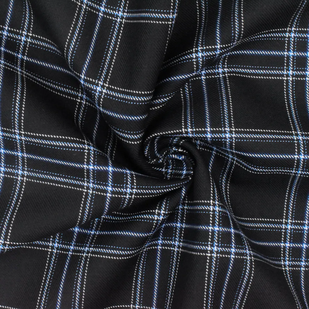 Cold Black-Blue-Multi Plaid Poly-Wool Twill Woven Fabric