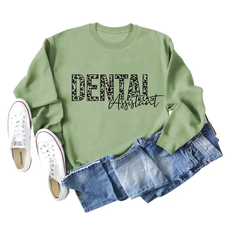 DENTAL ASSISTANT LEOPARD PRINT LETTERS NEW ROUND NECK LONG SLEEVE SWEATSHIRT WOMEN