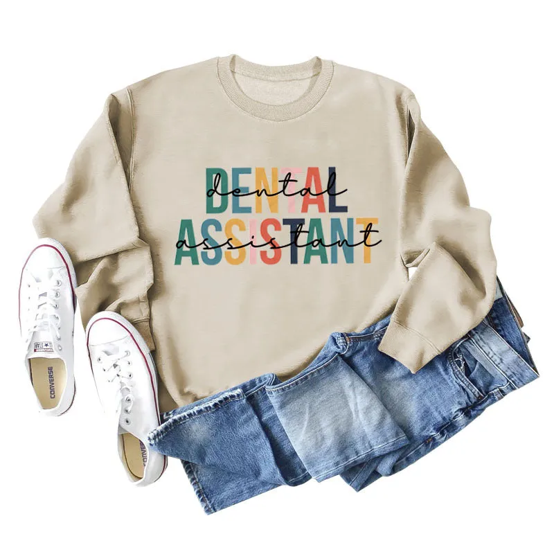 DENTAL ASSISTANT Letter Loose Print Casual Long-sleeved Sweater Girl