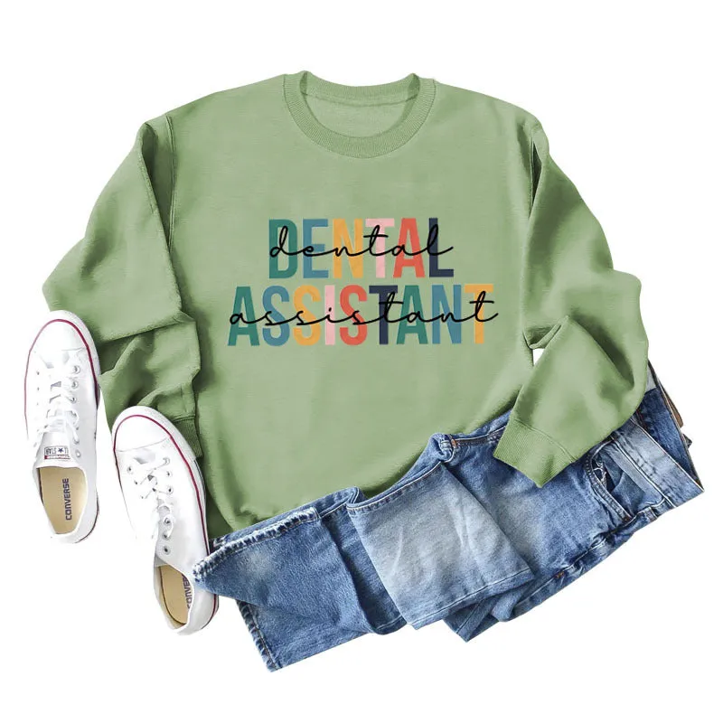 DENTAL ASSISTANT Letter Loose Print Casual Long-sleeved Sweater Girl