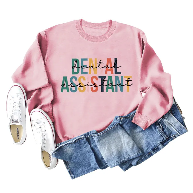 DENTAL ASSISTANT Letter Loose Print Casual Long-sleeved Sweater Girl