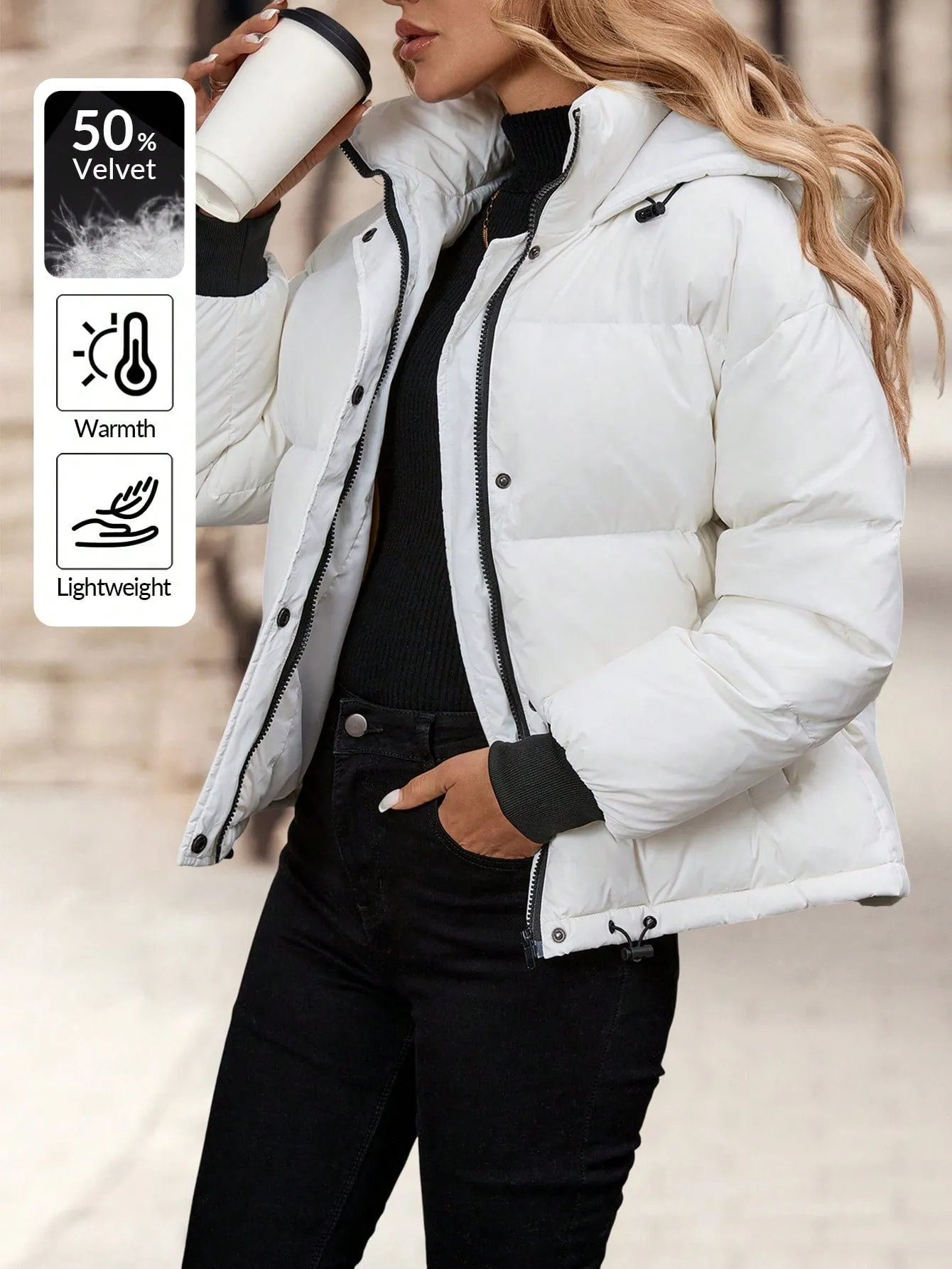 EMERY ROSE Women's Casual White Zip-Up Hooded Down Jacket