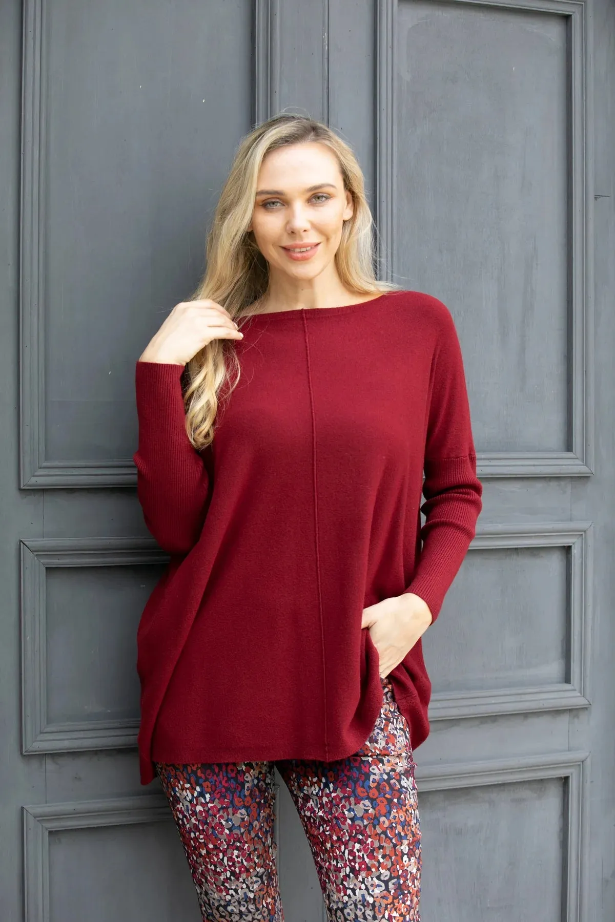 Fashion Island Cashmere Feel Boat Neck Tunic in Wine