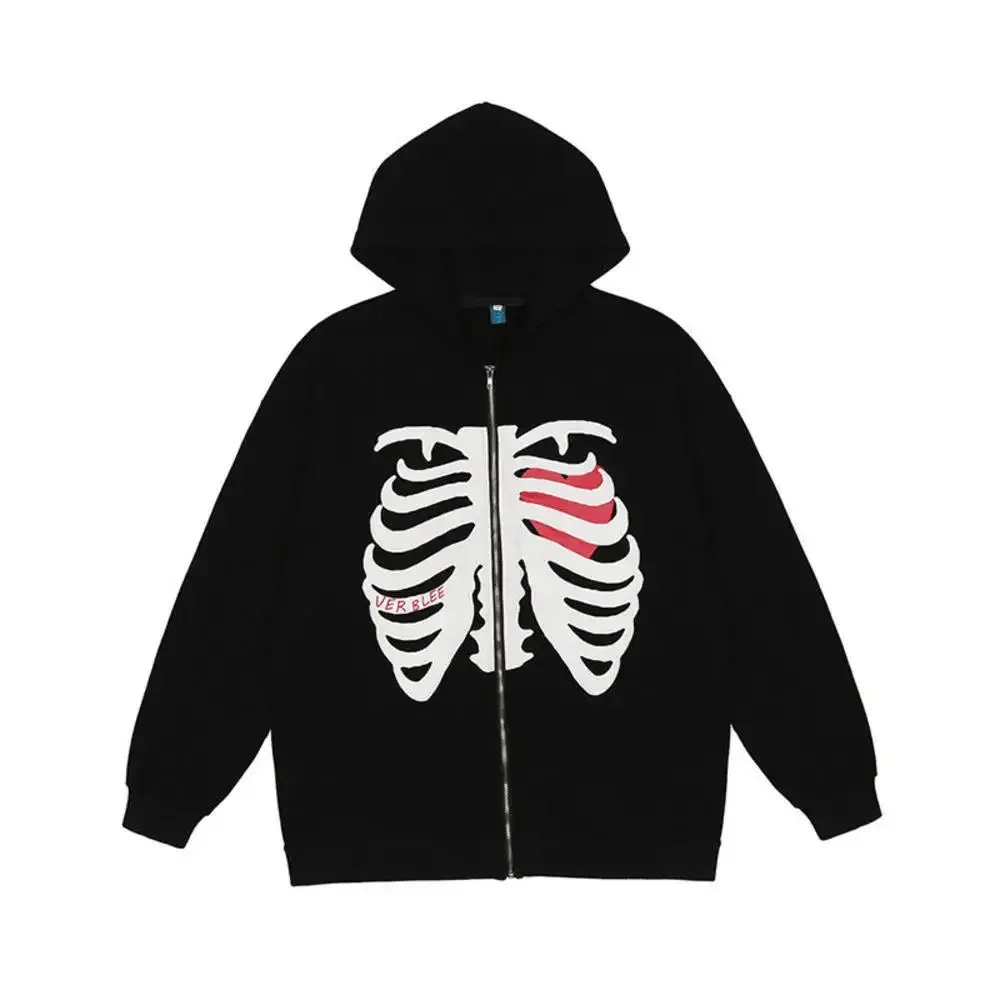 Fashion Y2K Skeleton Hoodies Women Gothic Black Zip Up Oversized Sweatshirt Ladies Retro Harajuku Hooded Jacket Streetwear