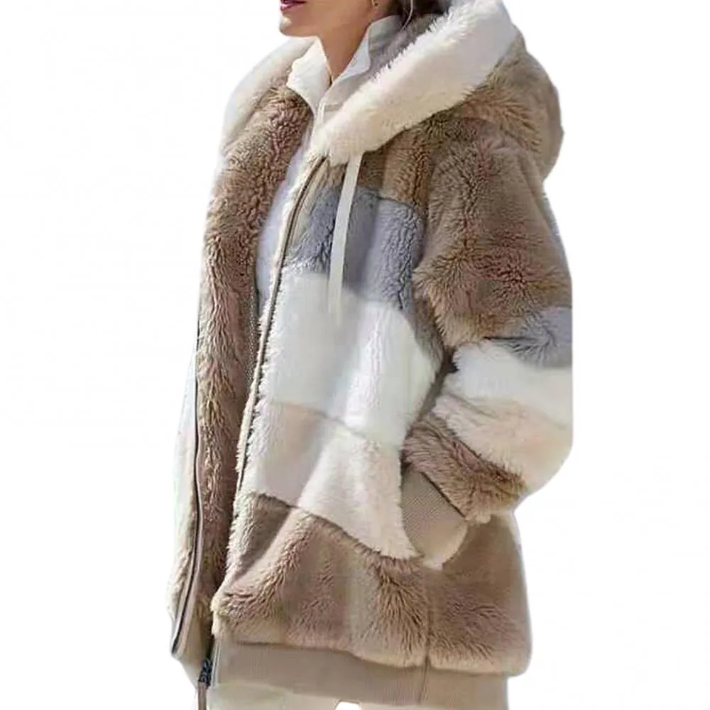 Jacket Autumn Winter Long Sleeve Warm Women Color Block Zipper Fluff Hooded Coat Jacket