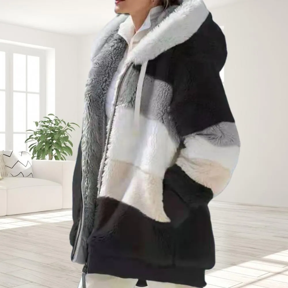 Jacket Autumn Winter Long Sleeve Warm Women Color Block Zipper Fluff Hooded Coat Jacket