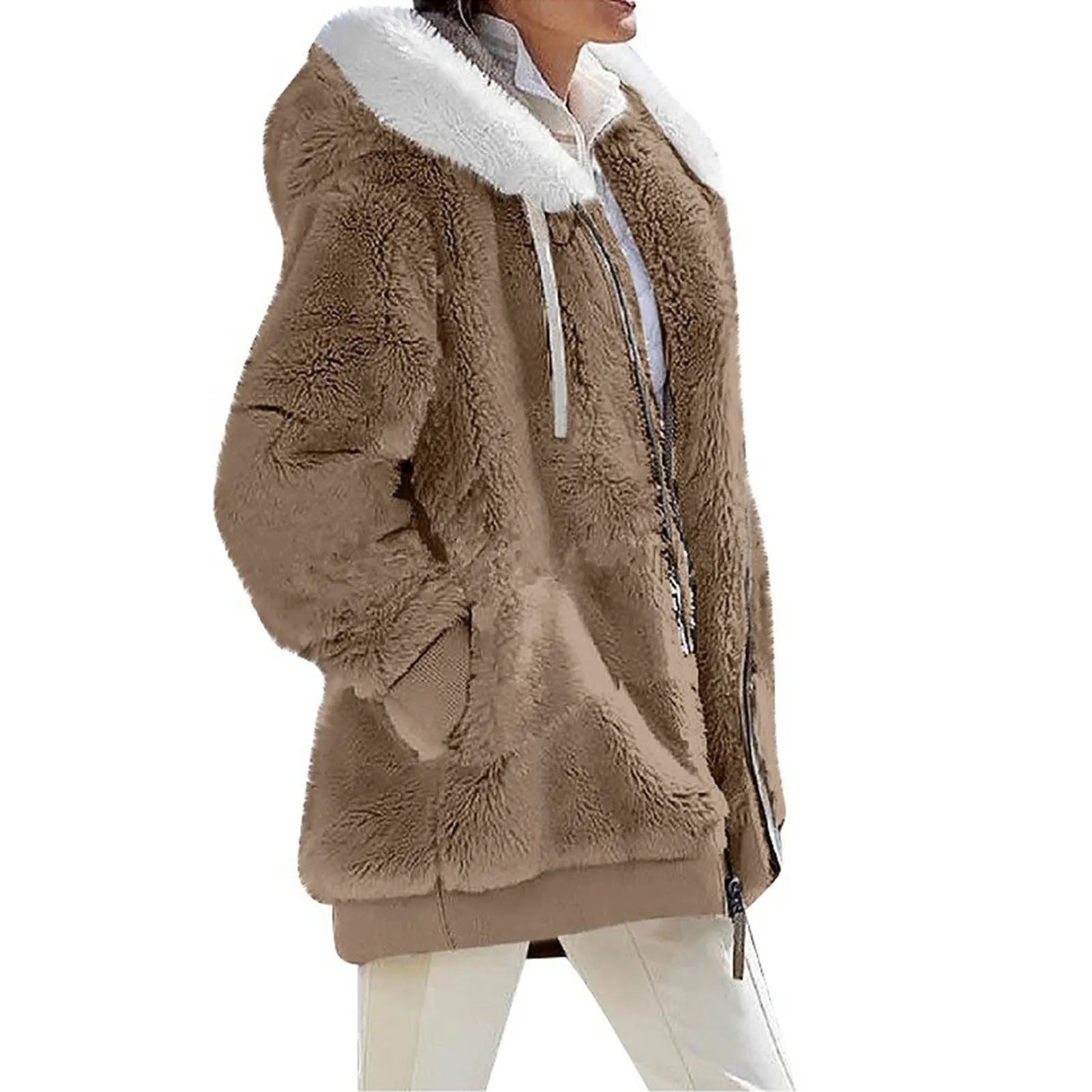 Jacket Autumn Winter Long Sleeve Warm Women Color Block Zipper Fluff Hooded Coat Jacket