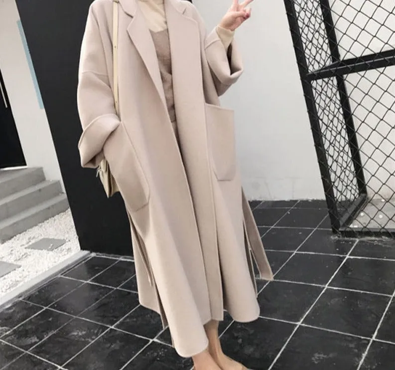 Joskaa Casual Notched Collar Loose Women Woolen Coats 2024 Autumn Winter Thicken Warm Split Female Blend Coat