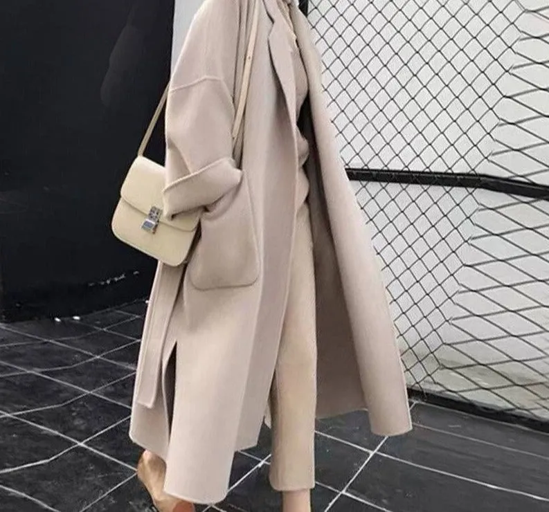 Joskaa Casual Notched Collar Loose Women Woolen Coats 2024 Autumn Winter Thicken Warm Split Female Blend Coat