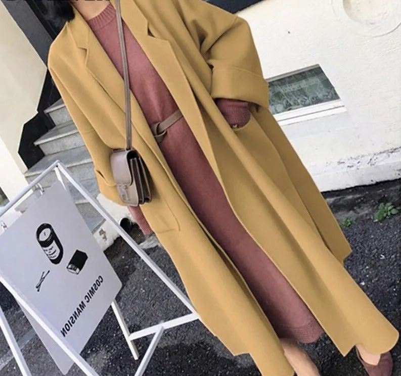 Joskaa Casual Notched Collar Loose Women Woolen Coats 2024 Autumn Winter Thicken Warm Split Female Blend Coat