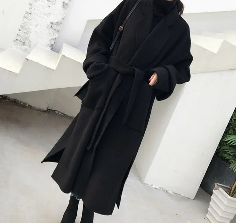 Joskaa Casual Notched Collar Loose Women Woolen Coats 2024 Autumn Winter Thicken Warm Split Female Blend Coat