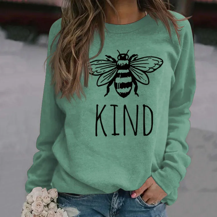 Kind Bee Alphabet Printing Autumn and Winter Backing Loose Large Long Sleeve Round Neck Sweater (women)