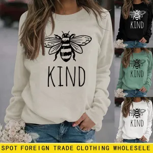 Kind Bee Alphabet Printing Autumn and Winter Backing Loose Large Long Sleeve Round Neck Sweater (women)